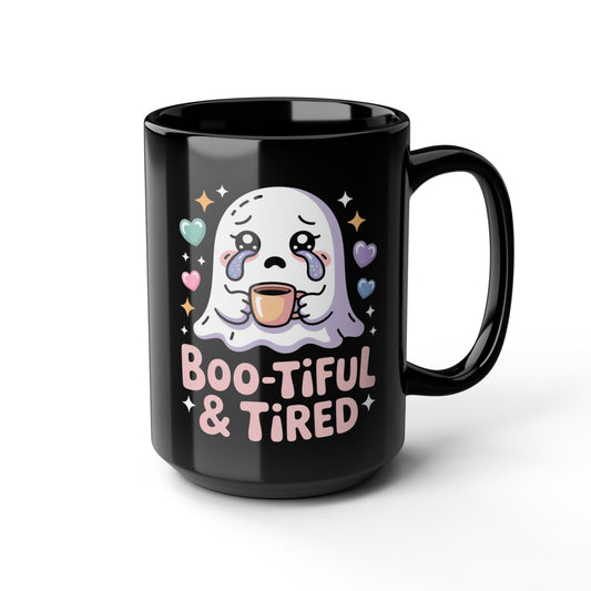 Boo-tiful & Tired Black 15oz Mug — Kawaii Creepy Cute Sad Ghost Coffee Cup