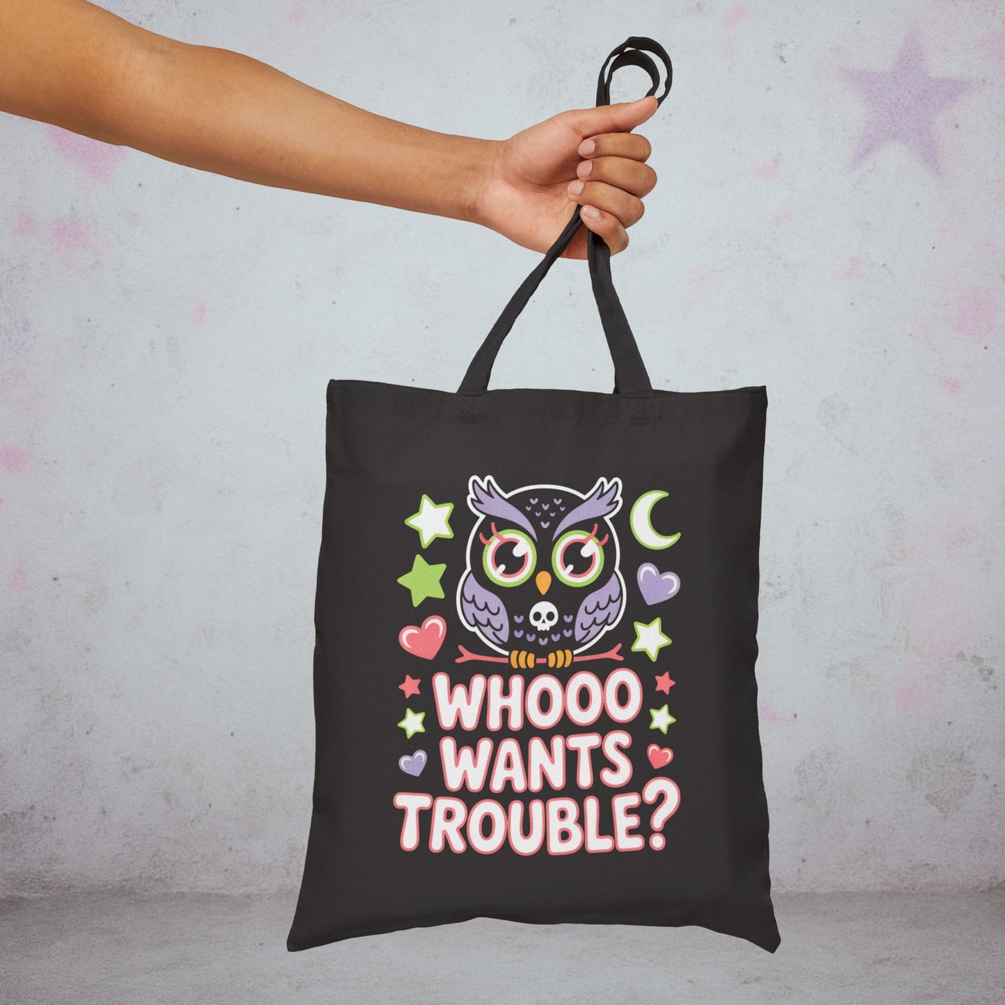 Whooo Wants Trouble Owl Kawaii Tote Bag β Creepy Cute Gothic Canvas Tote