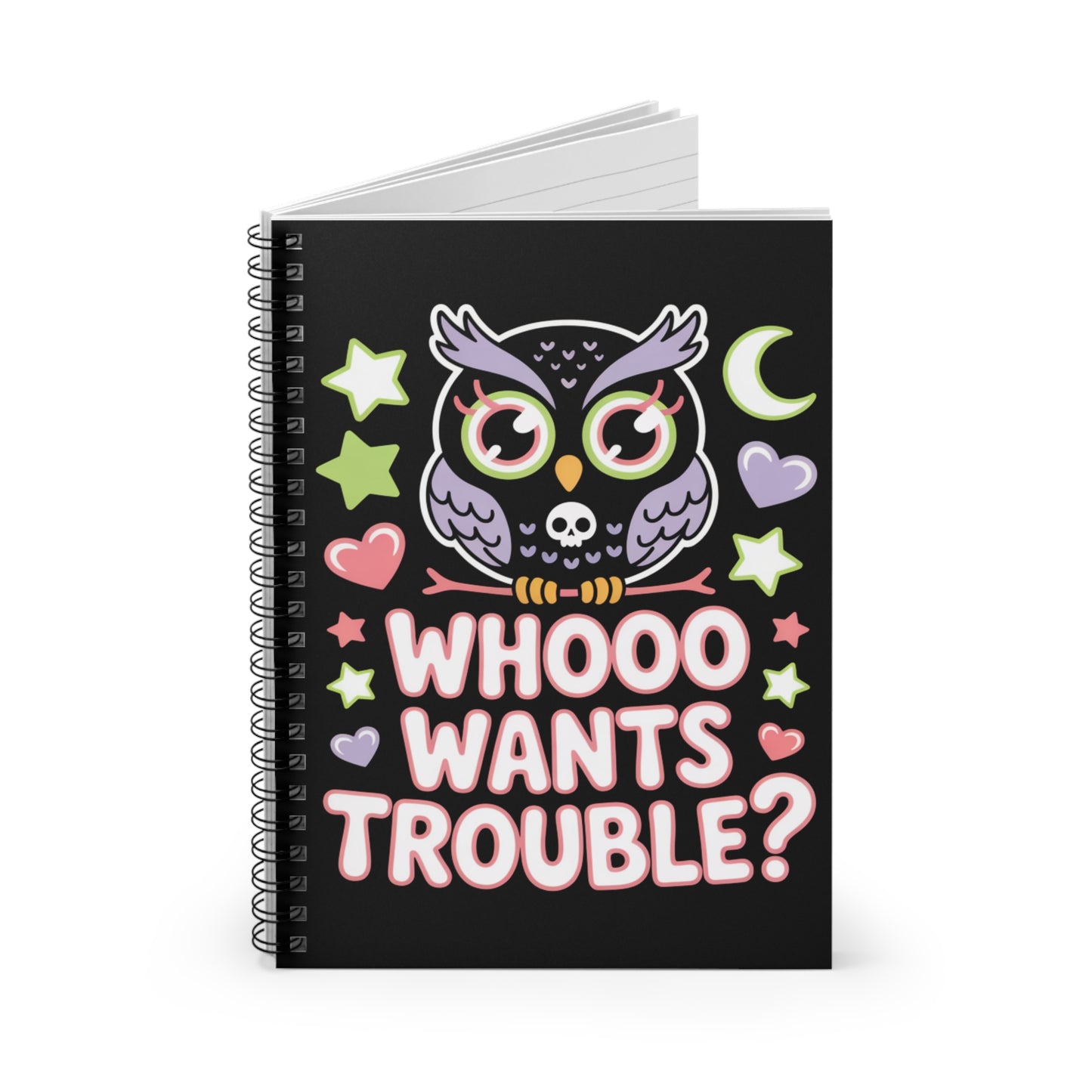 Whooo Wants Trouble? Owl Spiral Notebook โ Creepy Cute Gothic Ruled Journal