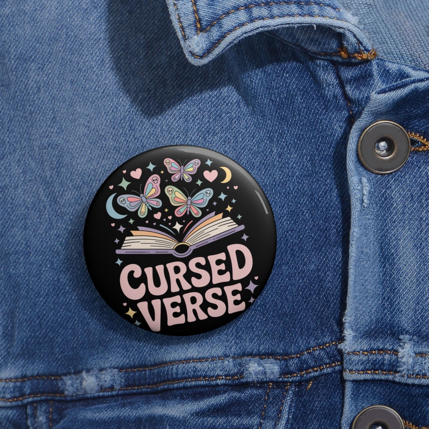 Cursed Verse Book Occult Kawaii Pin Button β Creepy Cute Gothic Enamel-Style Badge
