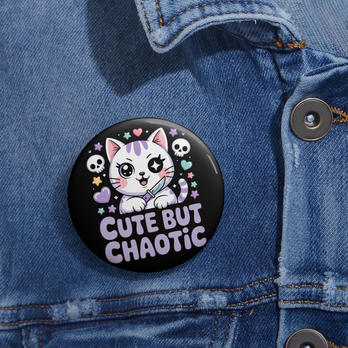 Cute But Chaotic Kawaii Pin Button – Creepy Cute Gothic Enamel-Style Badge