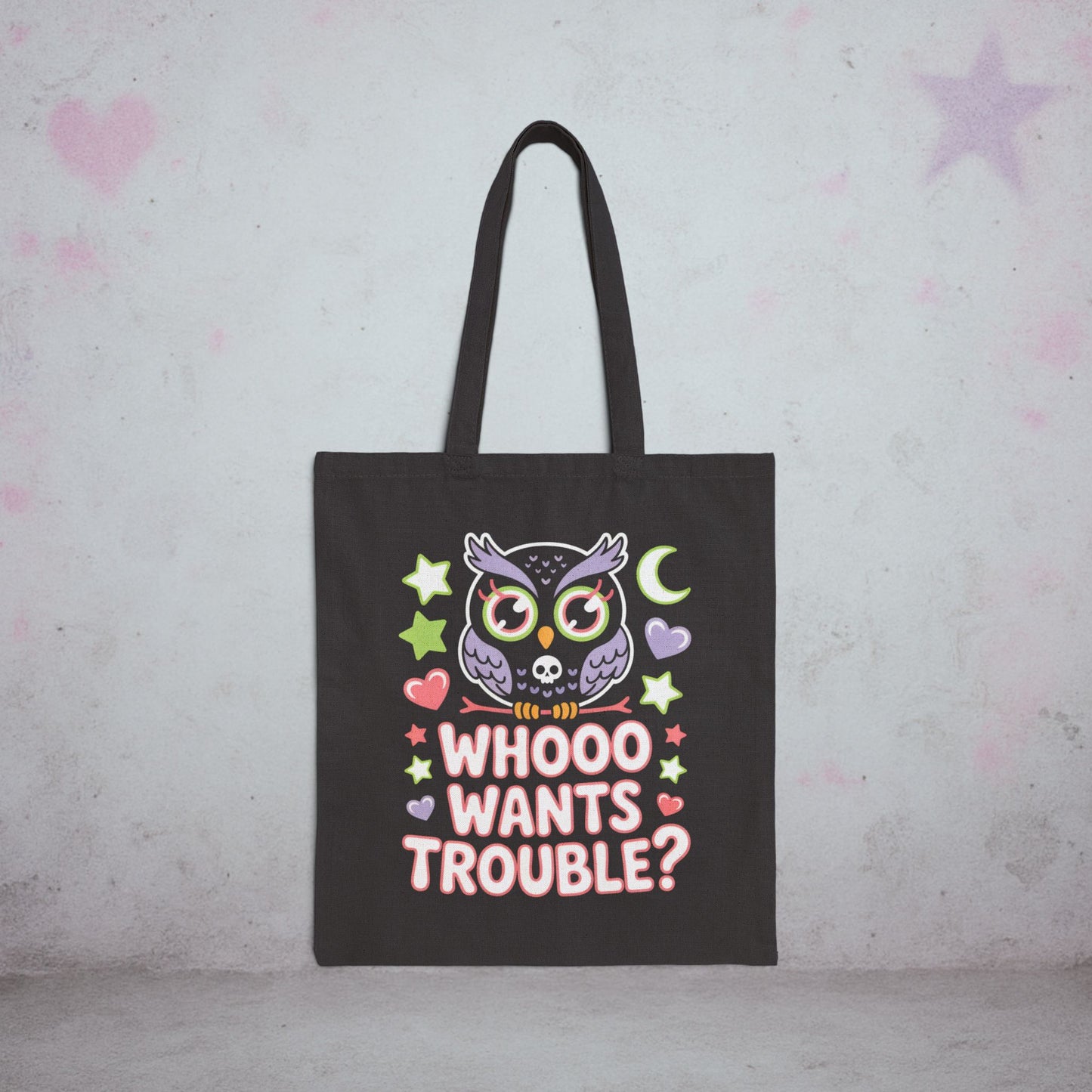 Whooo Wants Trouble Owl Kawaii Tote Bag – Creepy Cute Gothic Canvas Tote