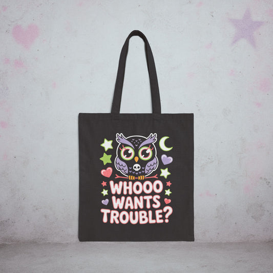 Whooo Wants Trouble Owl Kawaii Tote Bag – Creepy Cute Gothic Canvas Tote
