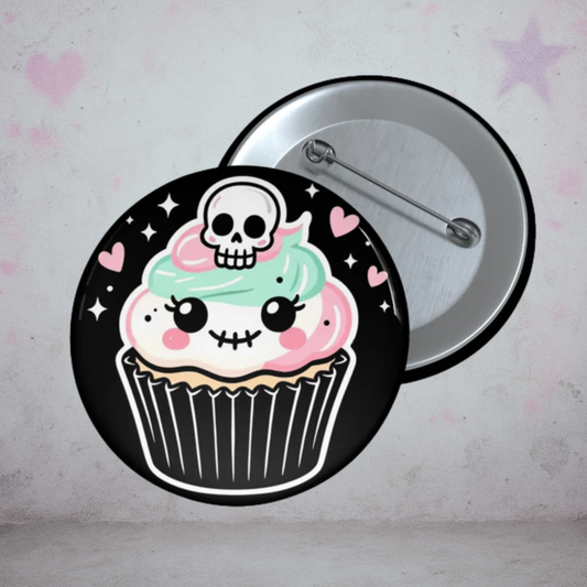 Kawaii Skull Cupcake Pin Button – Cute Goth Enamel-Style Badge