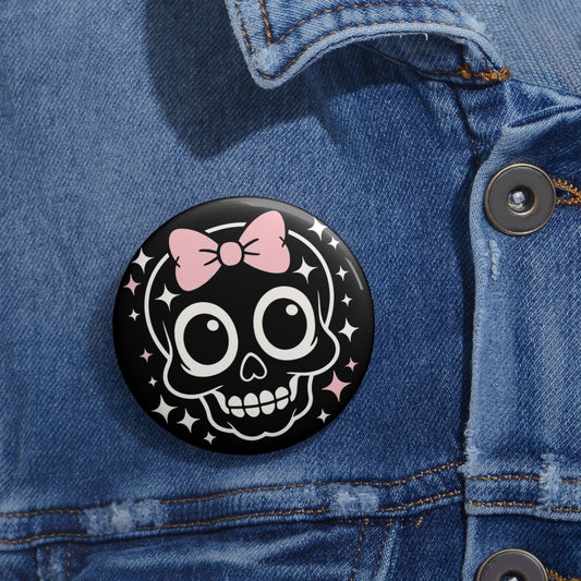 Kawaii Skull with Bow Pin Button – Creepy Cute Gothic Enamel-Style Badge