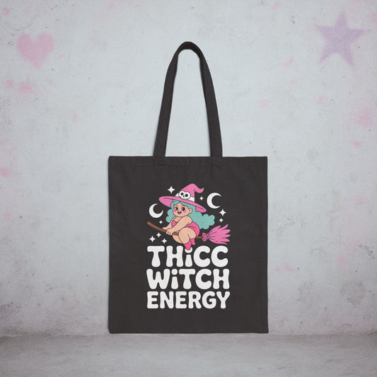 Thicc Witch Energy Occult Kawaii Tote Bag – Creepy Cute Gothic Canvas Tote