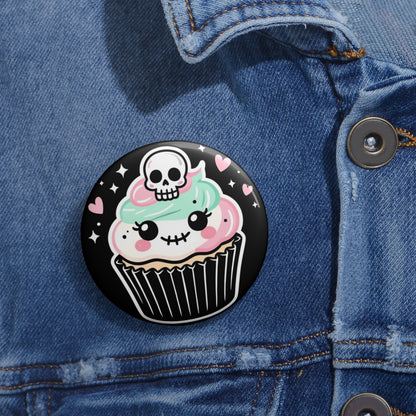 Kawaii Skull Cupcake Pin Button – Cute Goth Enamel-Style Badge