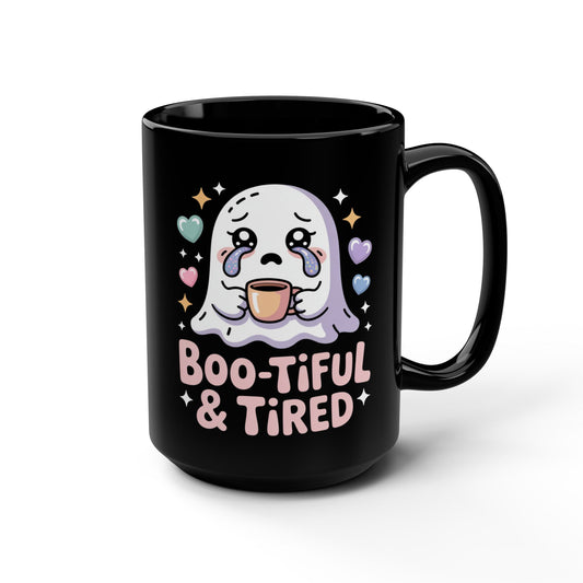 Boo-tiful & Tired Black 15oz Mug — Kawaii Creepy Cute Sad Ghost Coffee Cup