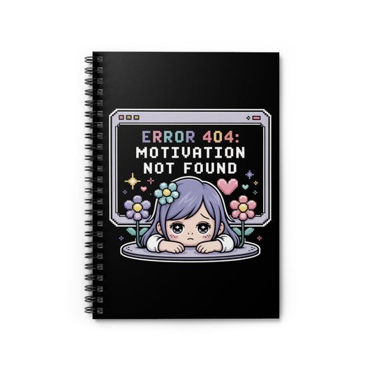 Error 404: Motivation Not Found Introvert Otaku Spiral Notebook – Creepy Cute Gothic Ruled Journal